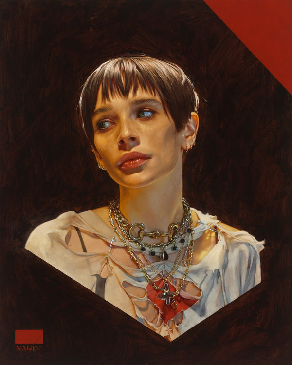 portrait of woman with cropped brown hair on a dark background