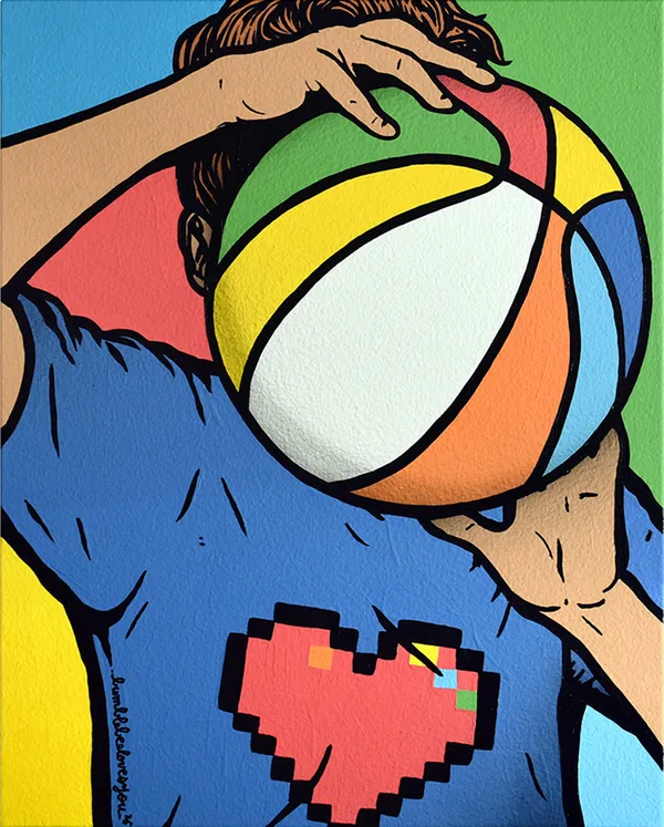 Painting of a child wearing shirt with a pixelated heart on it, holding a rainbow ball