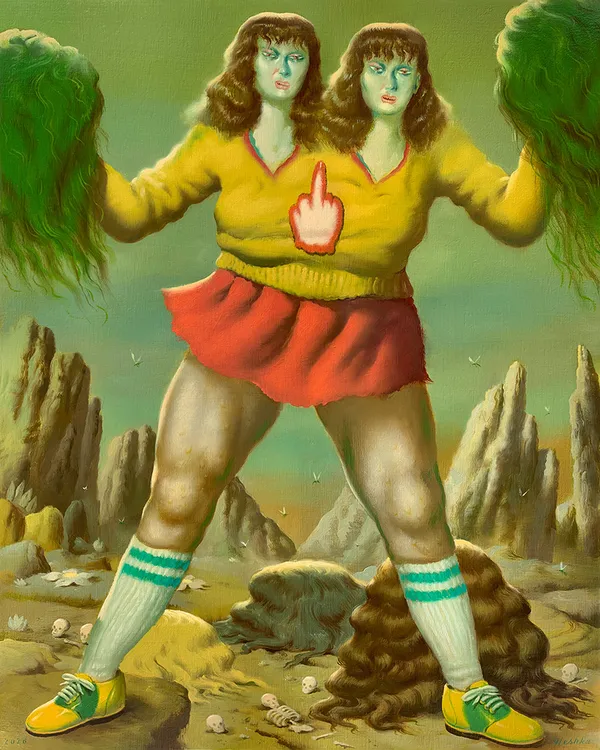 Painted of a woman with two heads wearing a cheerleader uniform while holding pompoms
