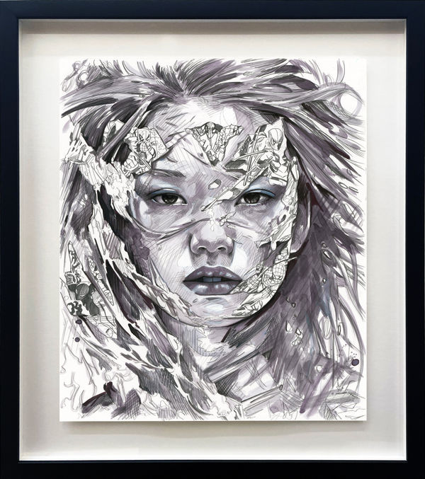 ink drawing of a woman with torn comic book piece across her faces