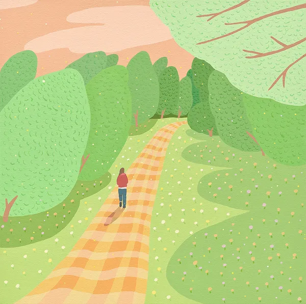Danym Kwon - Painting of a woman walking down the yellow checker road surrounded by trees and greens. She's wearing a red top a pair of blue jeans. The sky is painted pastel red.