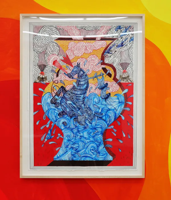 Andrew Schoultz - framed painting of horse on vase