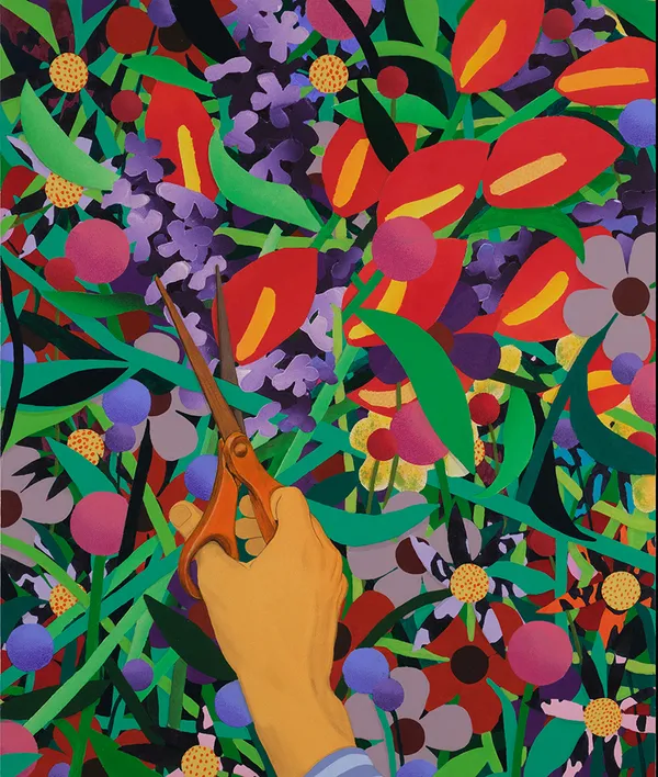 Painting of a bouquet of flowers that red, purple and yellow. There is a hand holding a pair of scissors cutting the flowers.