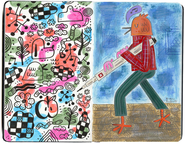 illustration in an open face Moleskine notebook depicting a bird holding a type of micron pen and singing while the other page is full of doodles by artist Ryan Bubnis