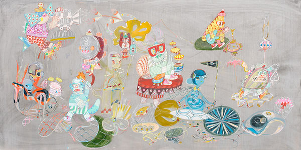 A painting by KeFe filled with a large variety of creatures, some resembling foods, sea animals, girls. Very vivid colors and patterns against a grey background.