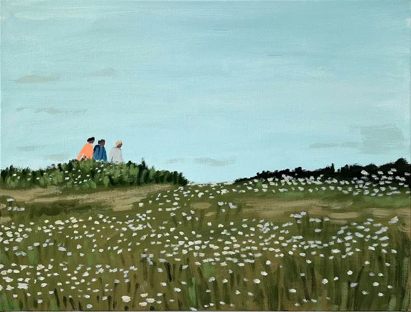 three figures in the distance walking through a field