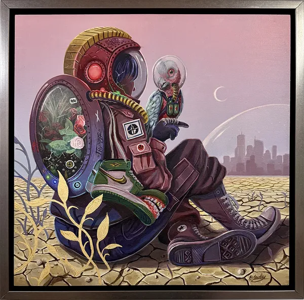 Framed painting of an astronaut holding a bird wearing an astronaut suit