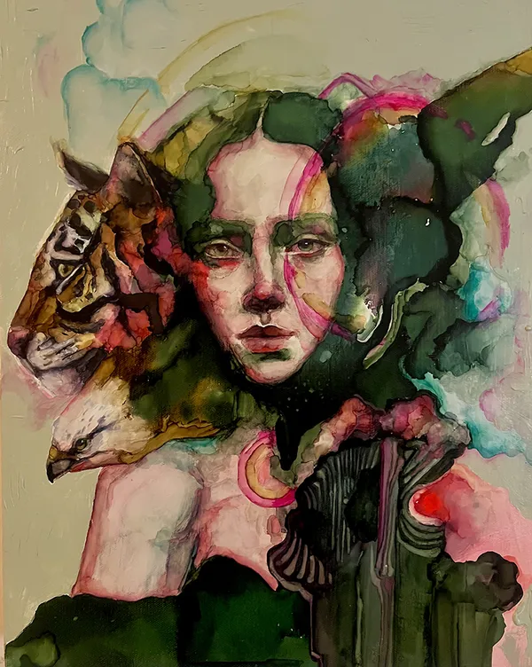 Painting of a woman's head and a tiger's face with colorful painted swirls around them