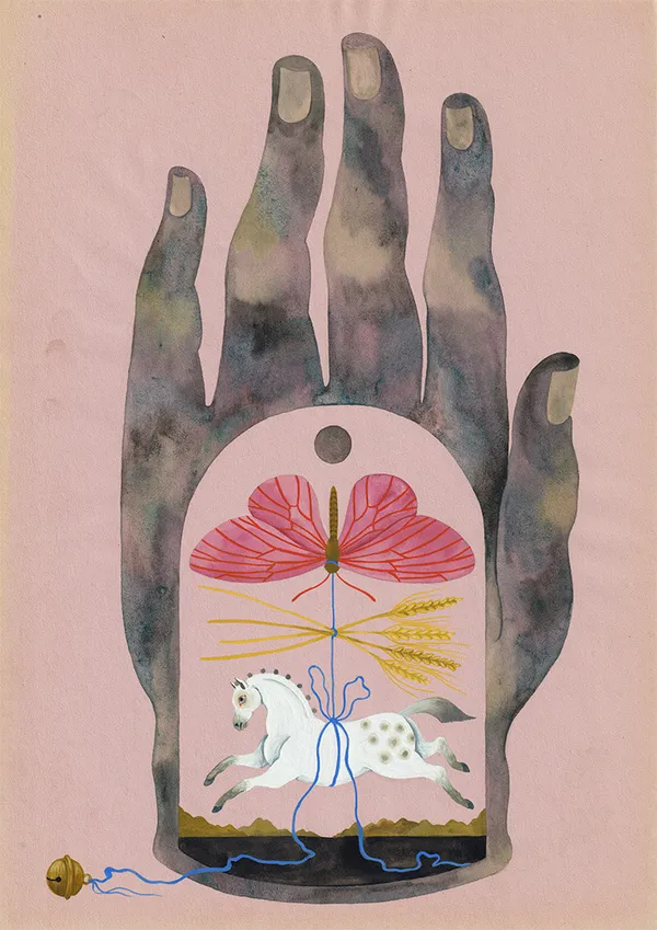 Watercolor image of a hand with the middle hollowed out with a butterfly and a horse on the inside