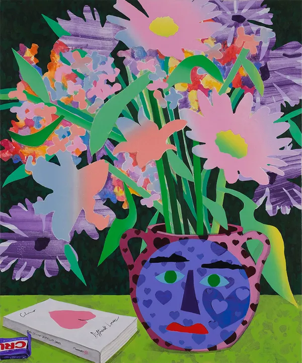 Painting of a bouquet of flowers in a vase with a face painting on it. On the table next to the vase is a book with a heart on it and a Crunch bar wrapper.