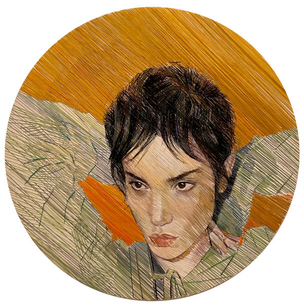 Circular portrait of a woman looking to the left made entirely from threa