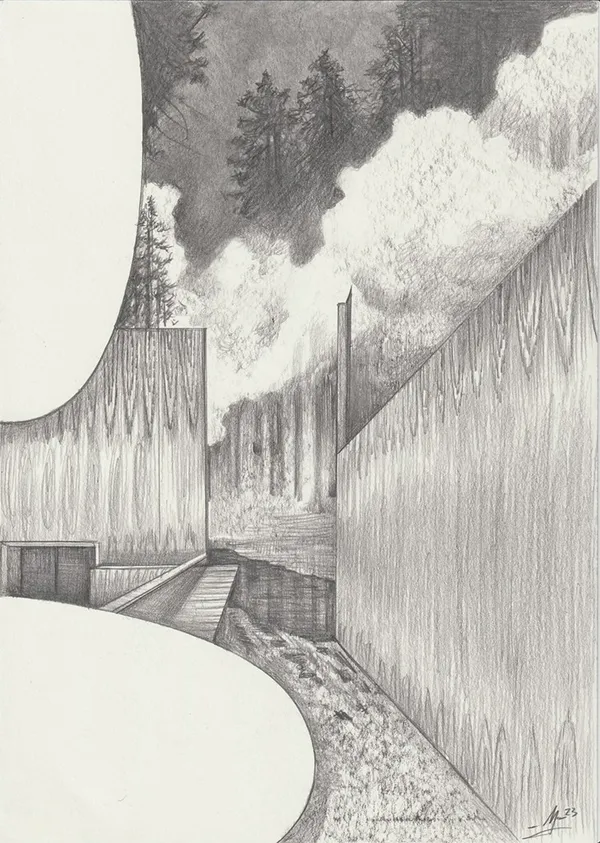 Drawing of a building with high walls surrounded by a forest with large clouds.