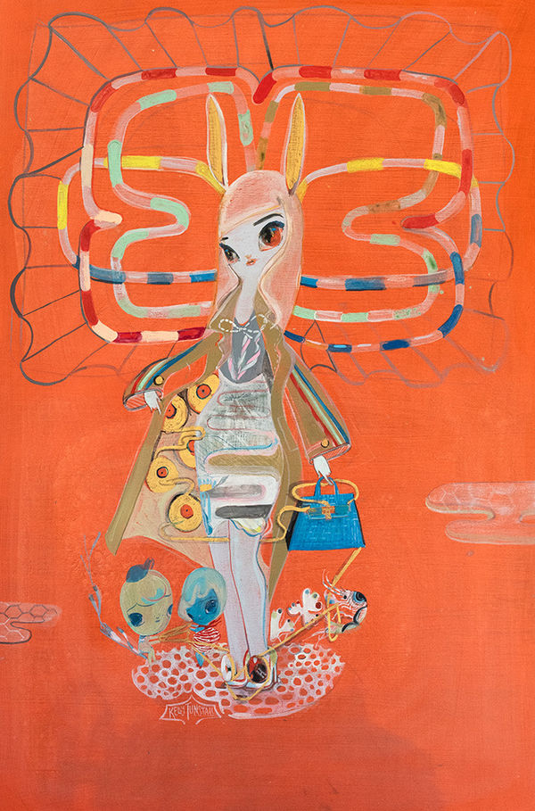 A painting by Kelly Tunstall depicting a woman in an illustrative style surrounded by small characters and psychedelic and vivid patterns/designs.