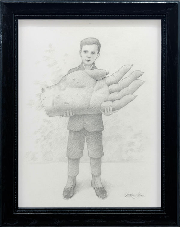 drawing of a boy holding a giant's hand