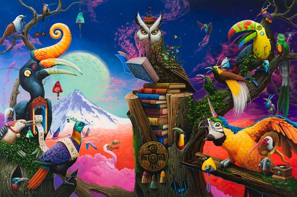 Dulk painting of parrots, toucans and owl with books