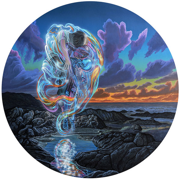 Circular painting of a rocky beach and a rainbow sky while someone floats above the water and turns into a skeleton