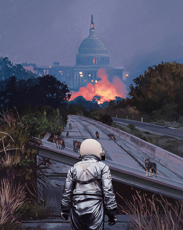Painting by artist Scott Listfield depicting an astronaut in a white suit walking along a highway, facing the Capitol building on fire. The highway is filled with coyotes.