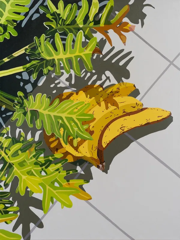 Natalia Juncadella painting of white tiles, green plant and bananas
