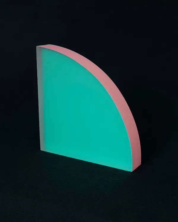 Rachel Strum - epoxy neon sculpture of a quarter round panel - Turkish green and pink.