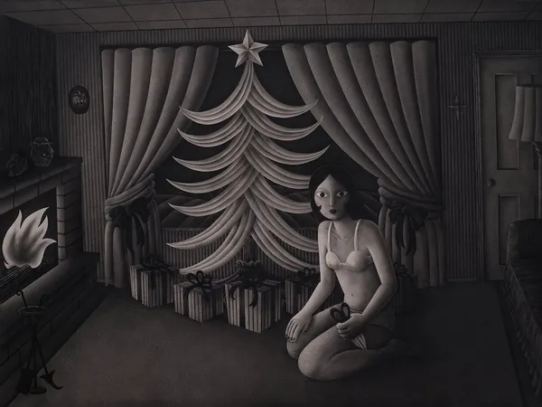 black and white painting of a woman seated clutching scissors in front of a Christmas tree