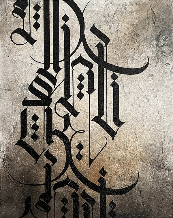 Painting of black calligraphy on a textured gray background