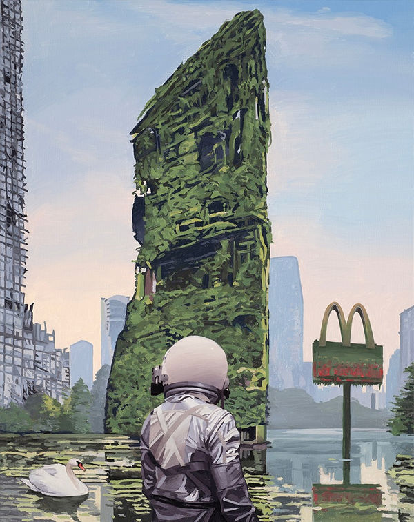 person in astronaut suit walking through a wet urban wasteland