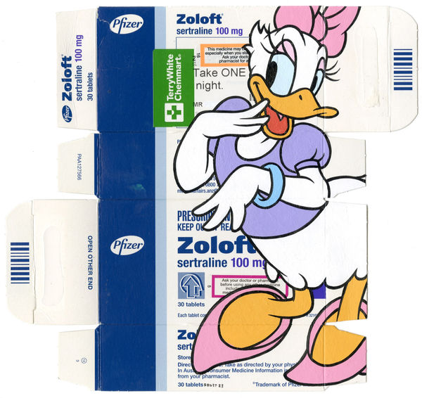 cartoon character Daisy Duck painted on Zoloft packaging