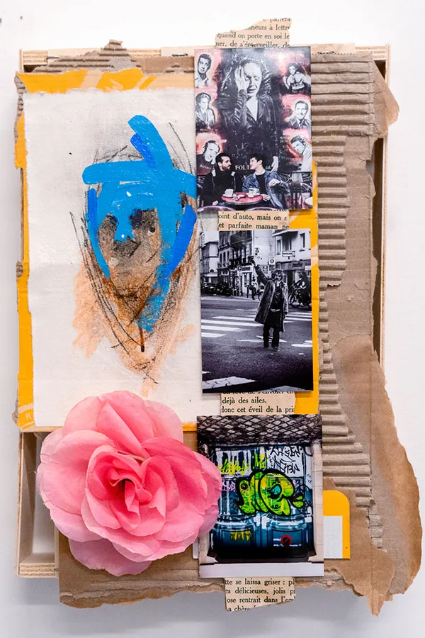 Collage incorporating portraiture and found materials by John Wentz