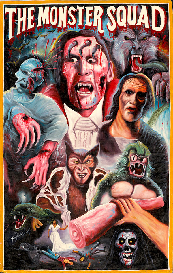 Painted poster for the movie "The Monster Squad" of a vampire, a werewolf, and other creatures