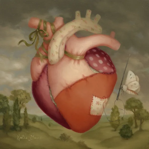 Painting of a heart made from patches of fabric