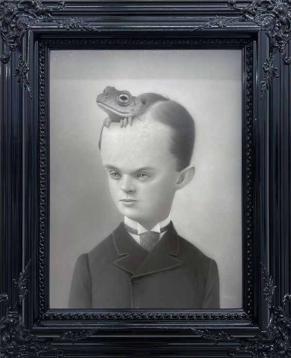 painting of a man with a frog in his head by Travis Louie