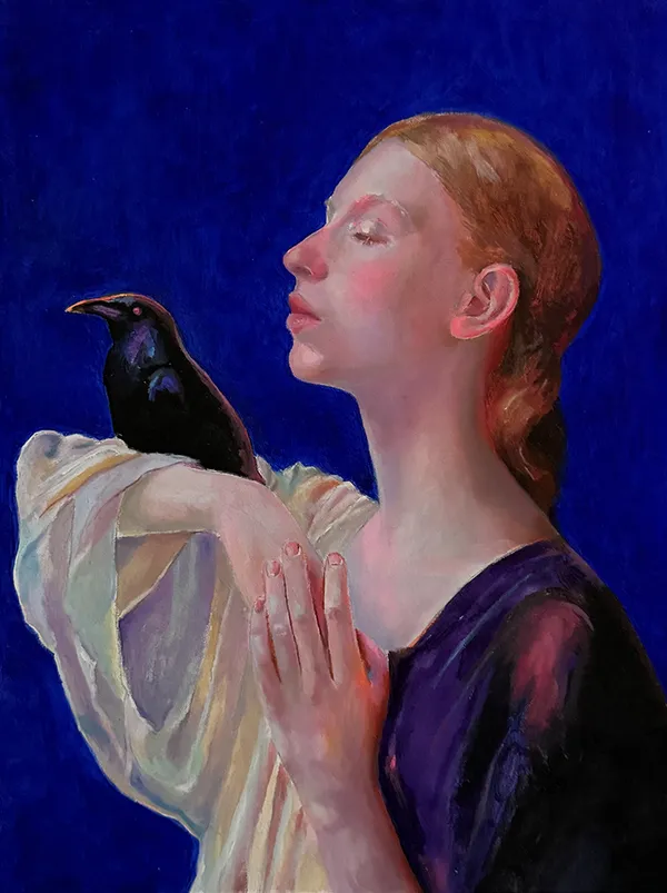 Painting of a woman with a black crow perched on her arm