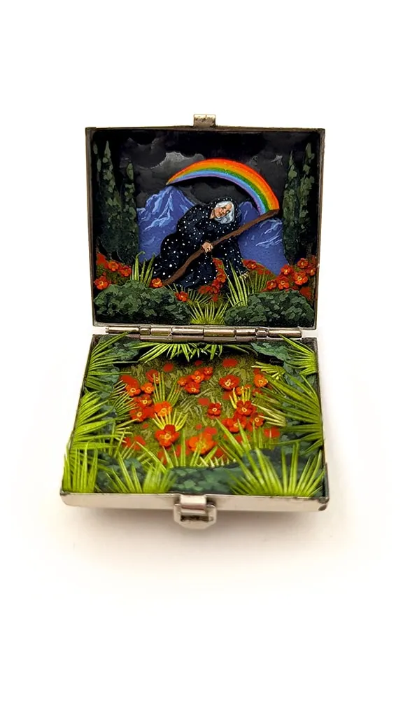 hand-cut watercolor collage in antique cosmetic compact by Shannon Taylor