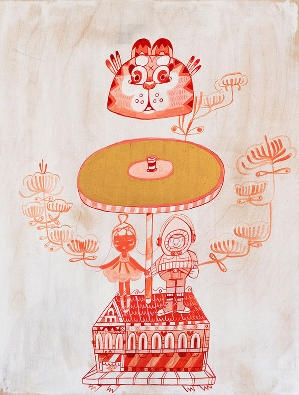 A painting by KeFe depicting a house, 2 characters holding hands with flowers growing out from their hands, a record, a cat character all stacked on top of each other.