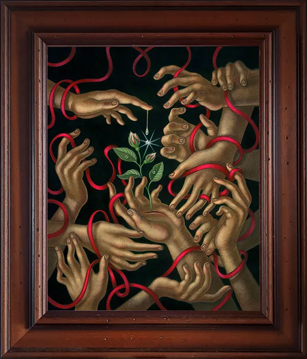 Framed painting of many hands with a red ribbon laced between them and a green plant growing out of one hand
