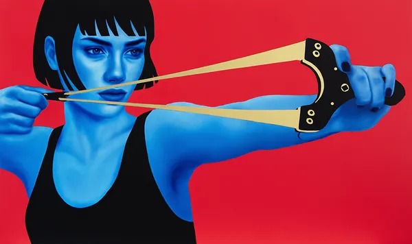 Painting of a blue woman with black hair pulling back a slingshot against a red background