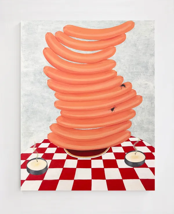 Crys Yin "Feeding Season" acrylic painting on wood panel of stacked hotdogs on red checkerboard tabletop
