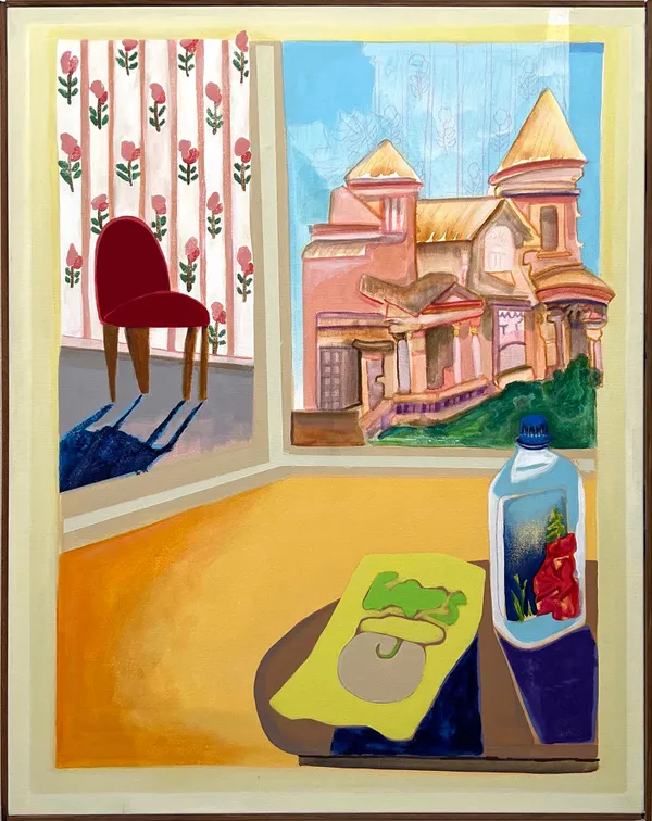 Luke Forsyth painting featuring red chair, pink victorian home and tabletop with snacks and bottled water