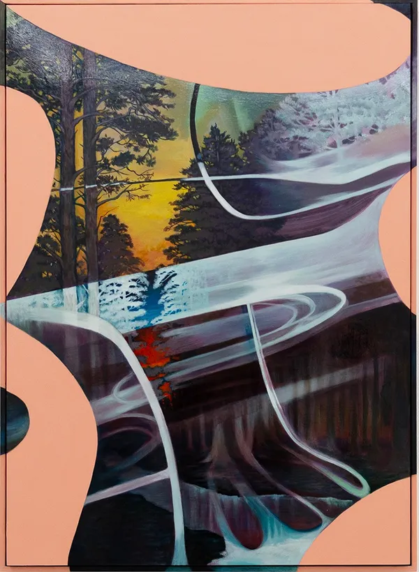 Abstract landscape painting of a forest with a river running through the trees. Abstract pink and blue shapes cover it.