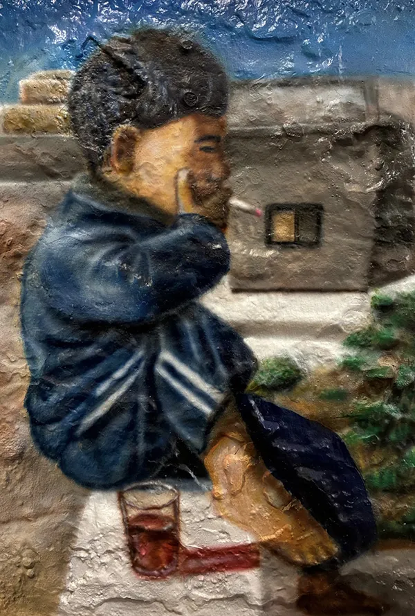 Painting of a little boy smoking a cigarette while sitting on a stoop