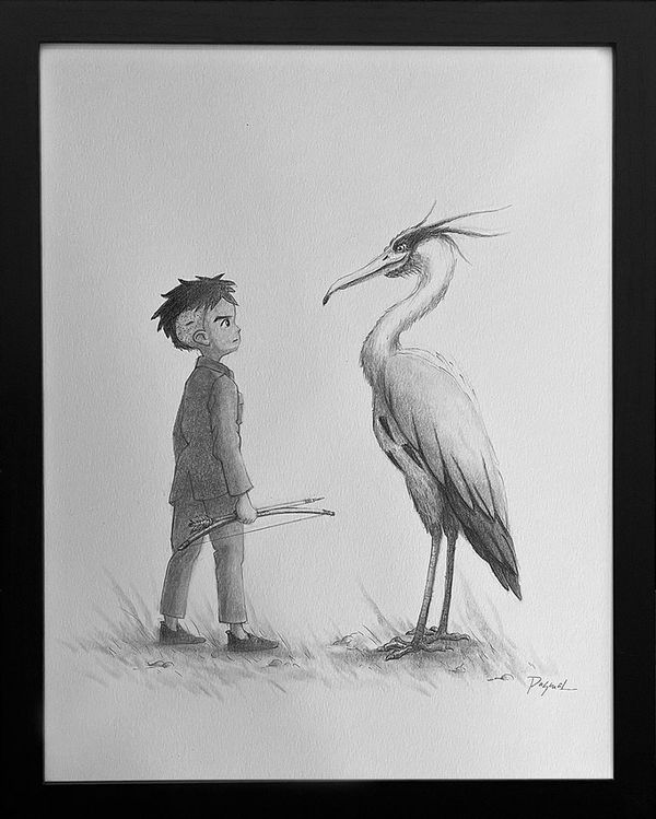 drawing of a boy and a heron from The Boy and the Heron