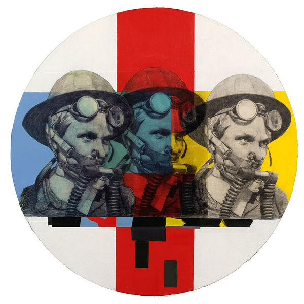 Circular painting of red yellow and blue stripes and a portrait of 3 figures