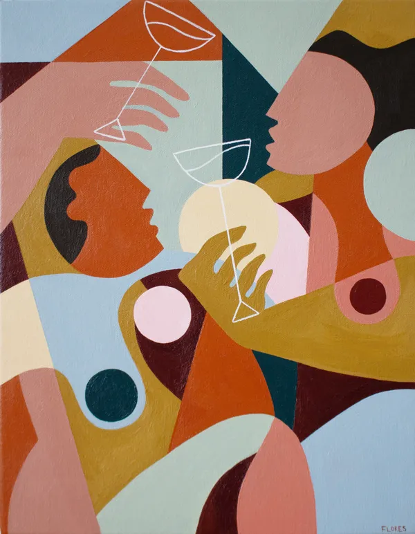 Painting of two abstract figures holding wine glasses by Liz Flores.