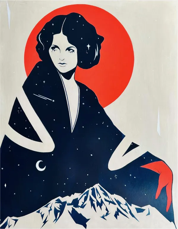 Painting of a woman in a green gown with mountains and the night sky on it