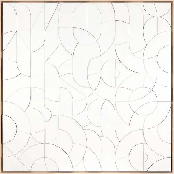 abstracted typography design in white wood with colorful accents on the side of wood