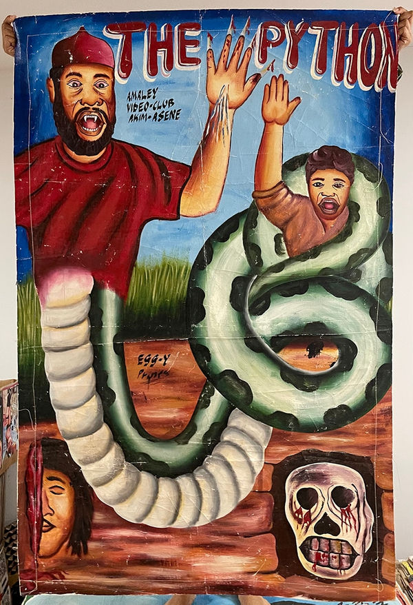 Deadly Prey (Eggy) The Python, 2010’s oil and enamel on flour sack 56 x 37 in 142.2 x 94 cm