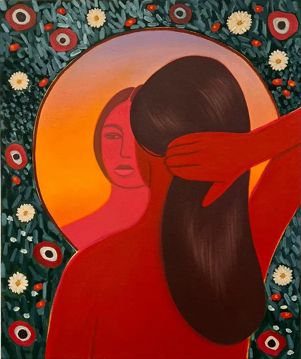 painting of a woman looking into a mirror with the viewer behind the woman