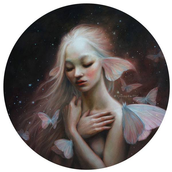 fairy figure with close eyes hugging herself