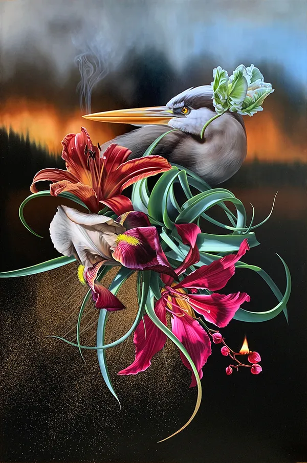 Josie Morway painting of bird with flowers with smoke / flames in background