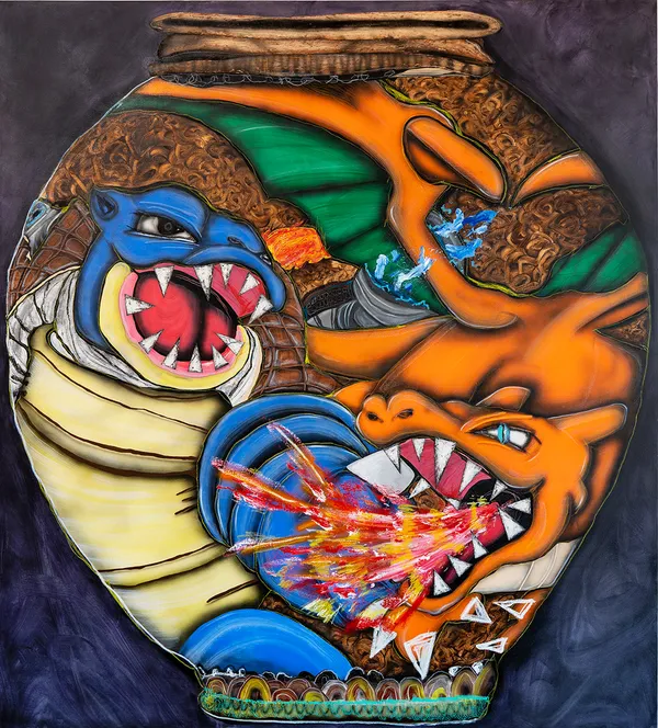 painting of a vase depicting pokemon characters fighting